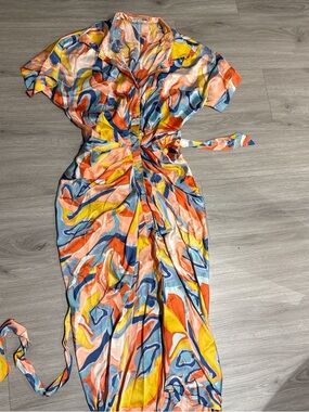 Abstract Multicolor Tie-Waist Shirt Dress - Vibrant Blue, Yellow & Coral